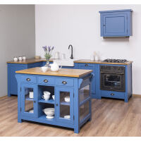 Blaue Landhausküche mit Kücheninsel L-Form