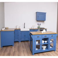 Blaue Landhausküche mit Kücheninsel L-Form