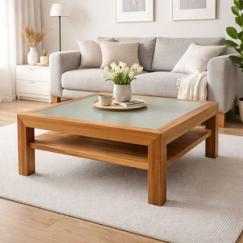 Quadratischer Kernbuche Couchtisch mit Glasplatte - 100x100cm