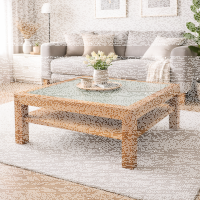 Quadratischer Kernbuche Couchtisch mit Glasplatte - 100x100cm