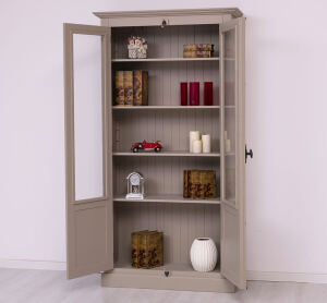 Landhaus Bücherschrank mit Glastüren, graubeige