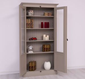 Landhaus Bücherschrank mit Glastüren, graubeige