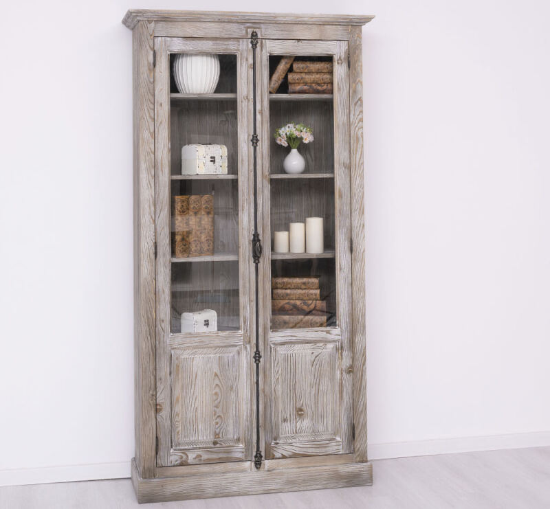 Landhaus Vitrine mit Glastüren Holz tiefgebürstet