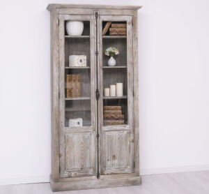 Landhaus Vitrine mit Glastüren Holz tiefgebürstet