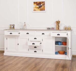 Küchen Anrichte Landhausstil altweiß mit gebürsteter Platte