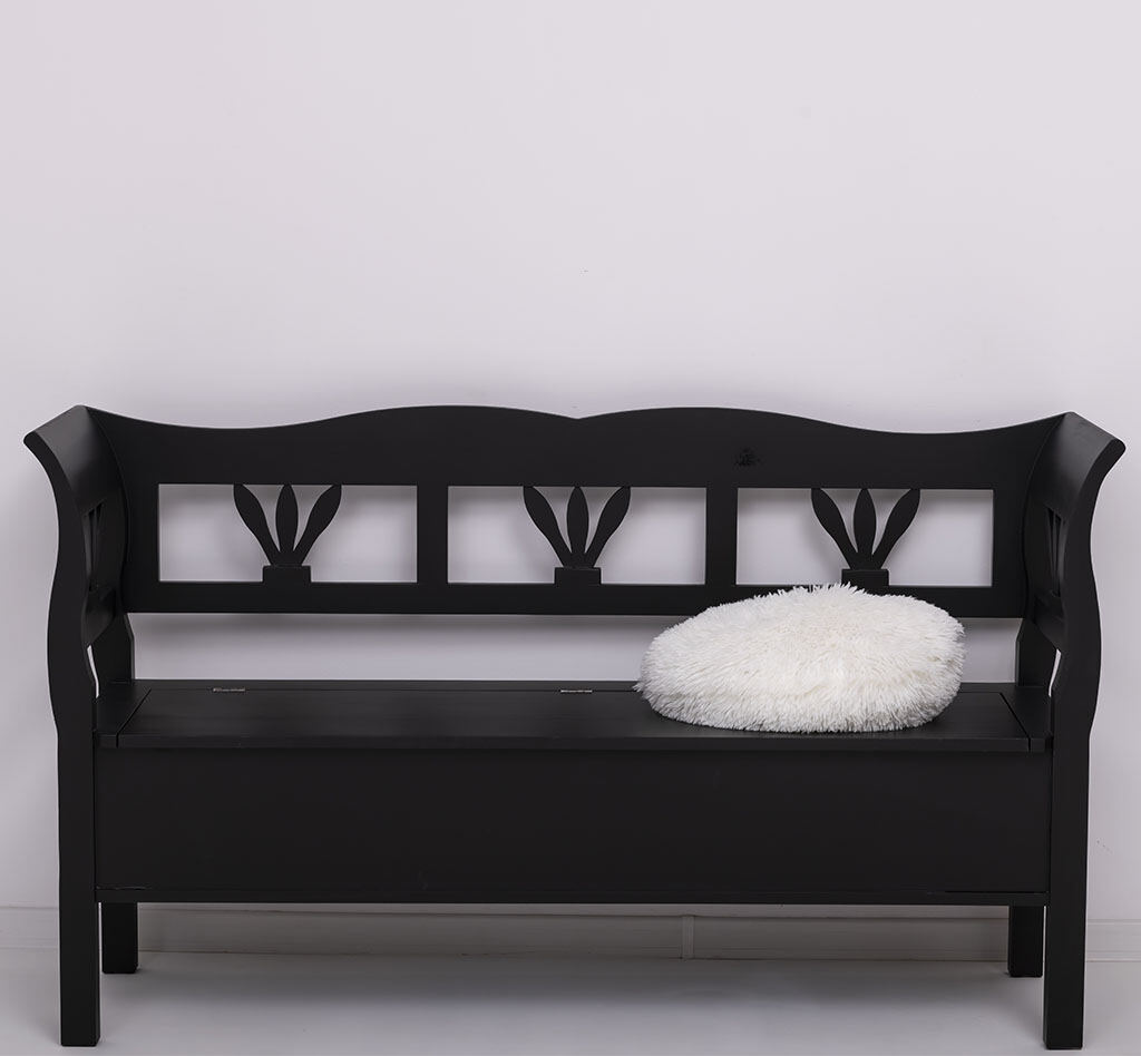 Schwarze Holzbank mit Lehne und viel Stauraum - Onlineshop für massive Landhausmöbel