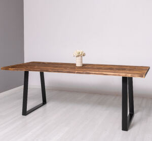 Rustikaler Baumkante-Esstisch mit Trapez-Metallgestell 210 x 100 cm gewachst