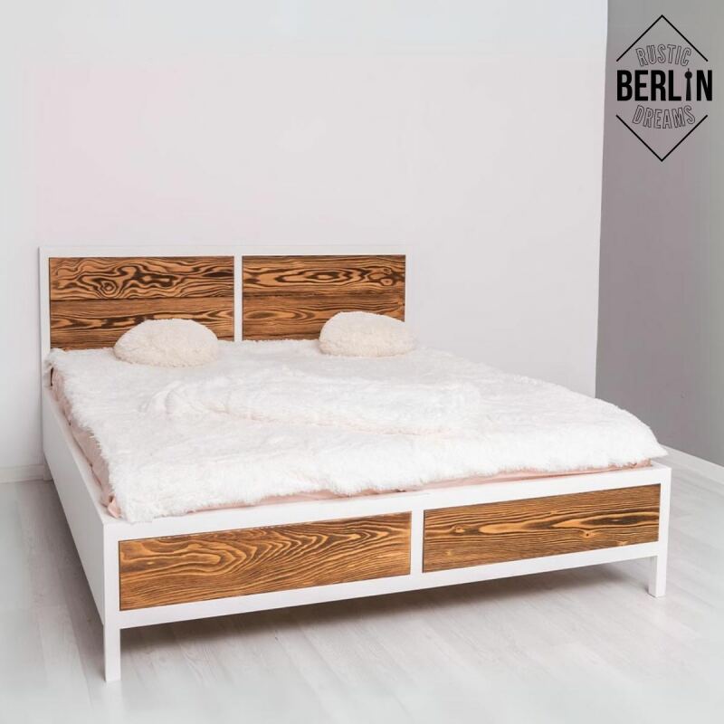 Rustikales Doppelbett Berlin, weiß braun (160x200cm)