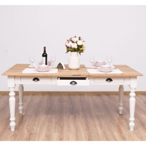 Massiver Esstisch mit Eichenplatte und Schubladen, cremeweiß