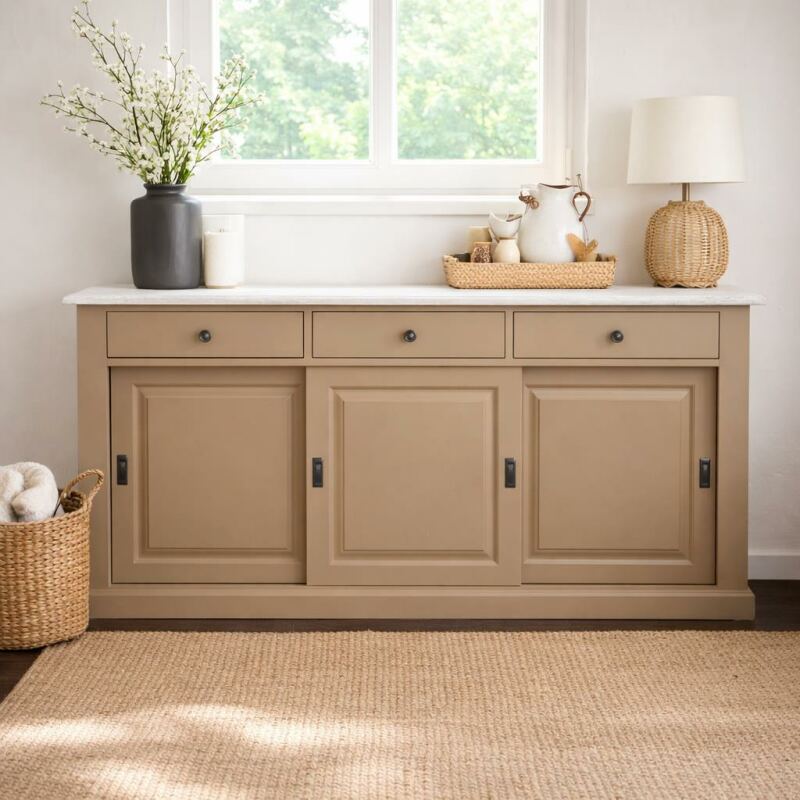 Braunes Landhaus Sideboard mit Schiebetüren - Eichenplatte weiß-grau