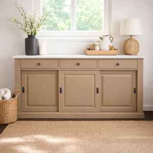 Braunes Landhaus Sideboard mit Schiebetüren - Eichenplatte weiß-grau