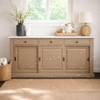 Braunes Landhaus Sideboard mit Schiebetüren - Eichenplatte weiß-grau