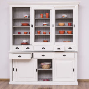 Vitrine mit Schiebetüren braungrau altweiß Shabby