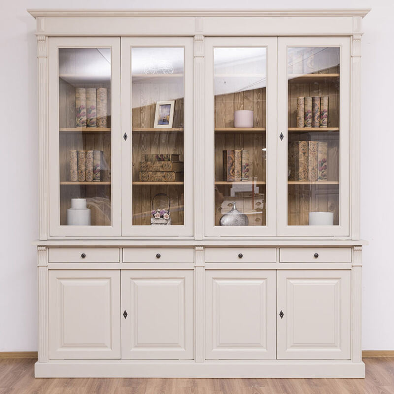 Landhaus Bücherschrank mit Glastüren cremegrau