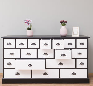 Landhaus Apothekerkommode groß weiß -  schwarz