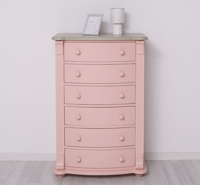 Romantische Landhauskommode mit Verzierungen steingrau / Pastellrosa