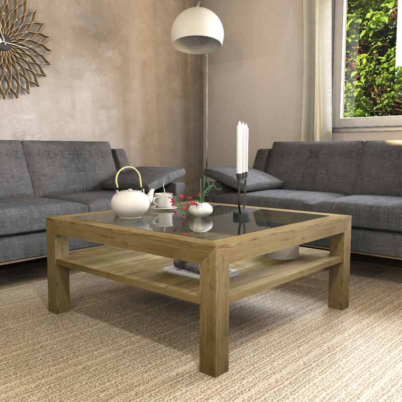 Quadratischer Massivholz-Couchtisch Eiche mit Glasplatte