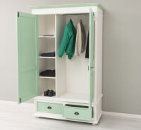 Kleiderschrank im Landhausstil mit Schubladen altweiß  / mint-pastellgrün