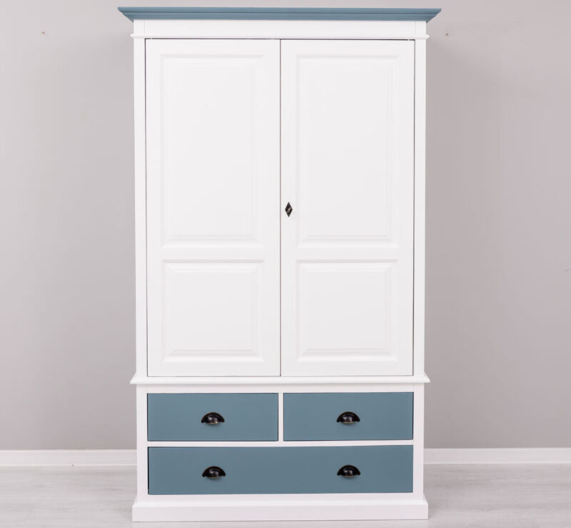 Landhauskleiderschrank mit 4 Schubladen weiß / türkisblau