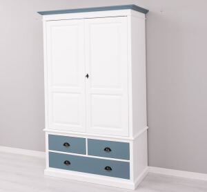 Landhauskleiderschrank mit 4 Schubladen weiß / türkisblau