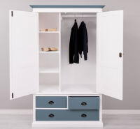 Landhauskleiderschrank mit 4 Schubladen weiß / türkisblau