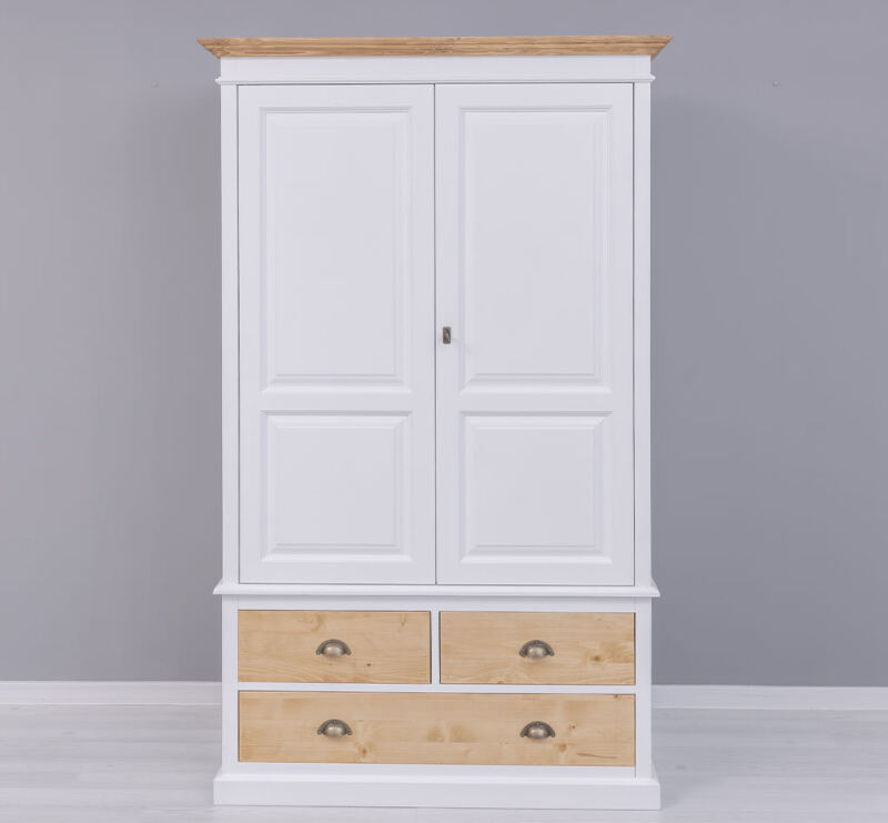 Landhauskleiderschrank mit 3 Schubladen weiß / honigbraun