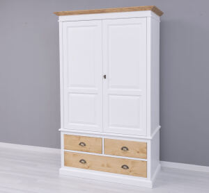 Landhauskleiderschrank mit 3 Schubladen weiß / honigbraun
