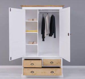 Landhauskleiderschrank mit 3 Schubladen weiß / honigbraun