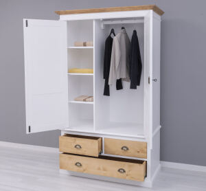 Landhauskleiderschrank mit 3 Schubladen weiß / honigbraun