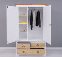 Landhauskleiderschrank mit 3 Schubladen weiß / honigbraun
