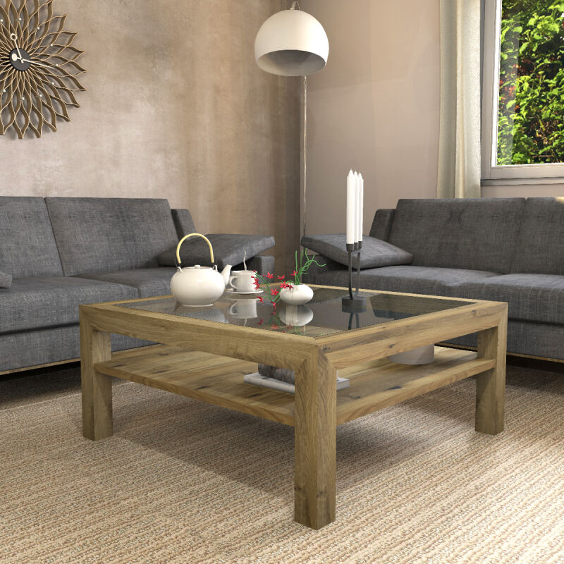 Edler Massivholz-Couchtisch aus Wildeiche, mit Glasplatte