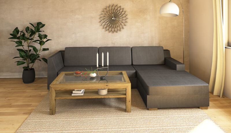 Couchtisch Massivholz Wildeiche mit Glasplatte, 70x120cm
