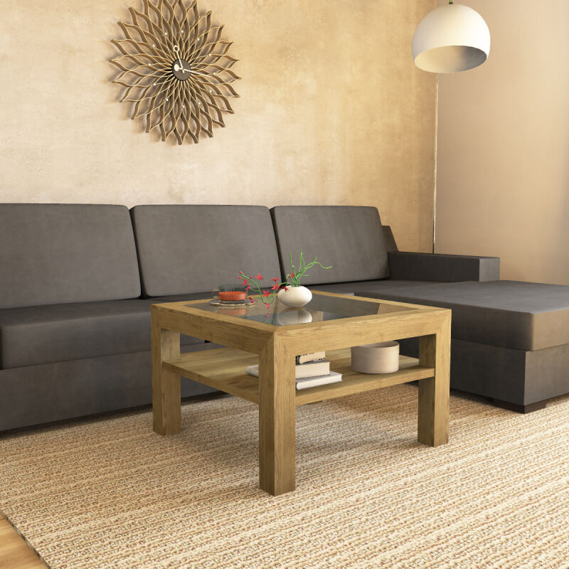Eiche Massivholz Couchtisch quadratisch 70x70cm mit Glasplatte