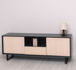 TV Lowboard Skandi mit Holztüren in Lamellenoptik