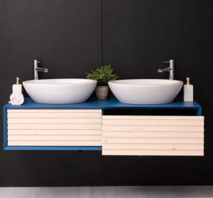Hänge-Waschbecken-Unterschrank in Lamellenoptik, 150 cm