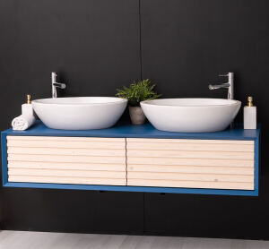 Hänge-Waschbecken-Unterschrank in Lamellenoptik, 150 cm