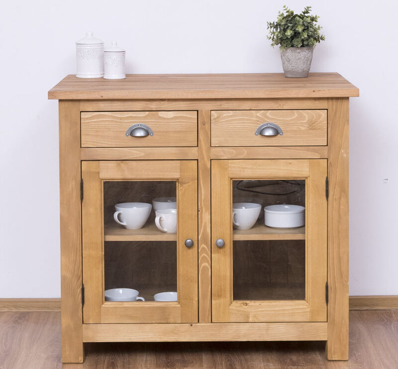 Küchenmodul mit Glastüren im Landhausstil mit Eichenplatte hellbraun