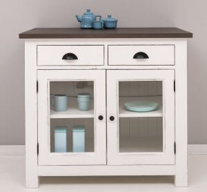Küchenmodul mit Glastüren im Landhausstil mit Eichenplatte mocca, altweiß Shabby chic