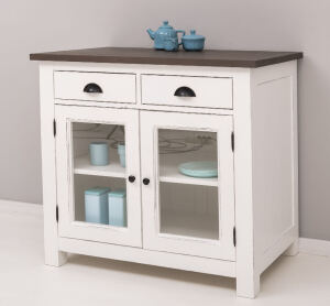 Küchenmodul mit Glastüren im Landhausstil mit Eichenplatte mocca, altweiß Shabby chic