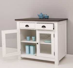 Küchenmodul mit Glastüren im Landhausstil mit Eichenplatte mocca, altweiß Shabby chic