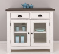 Küchenmodul mit Glastüren im Landhausstil mit Eichenplatte mocca, altweiß Shabby chic