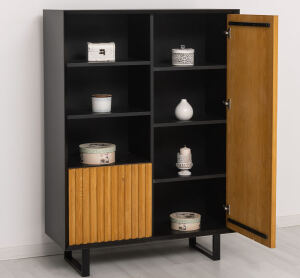 modernes Highboard mit Lamellentüren schwarz / hellbraun gewachst
