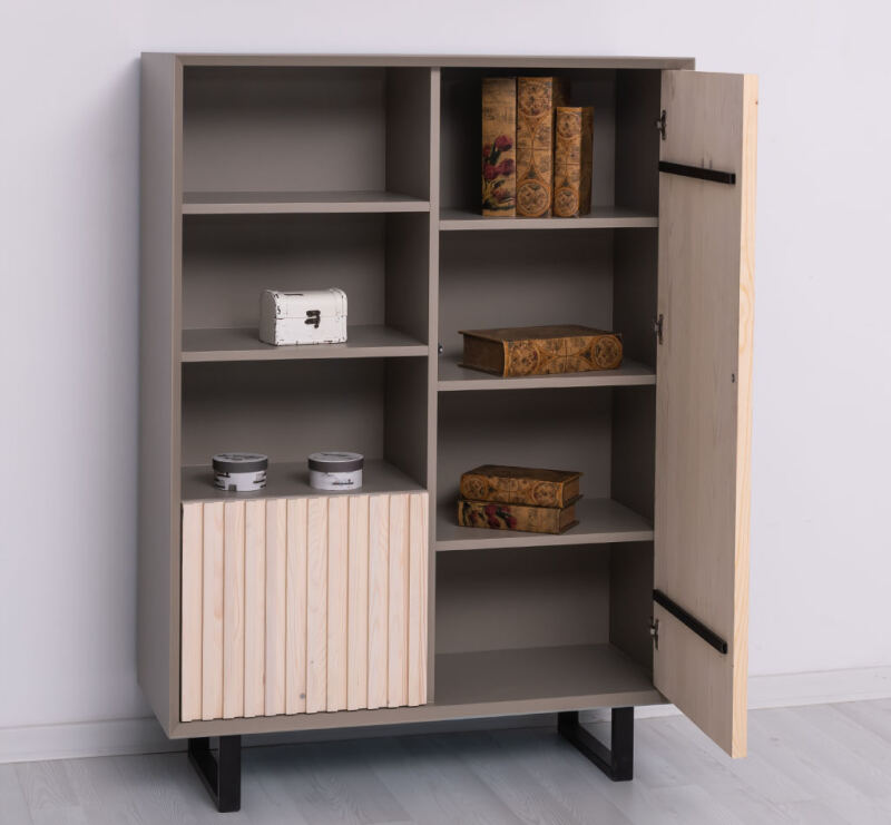 Skandi-Schrank mit Lamellentüren braungrau / weiß geölt
