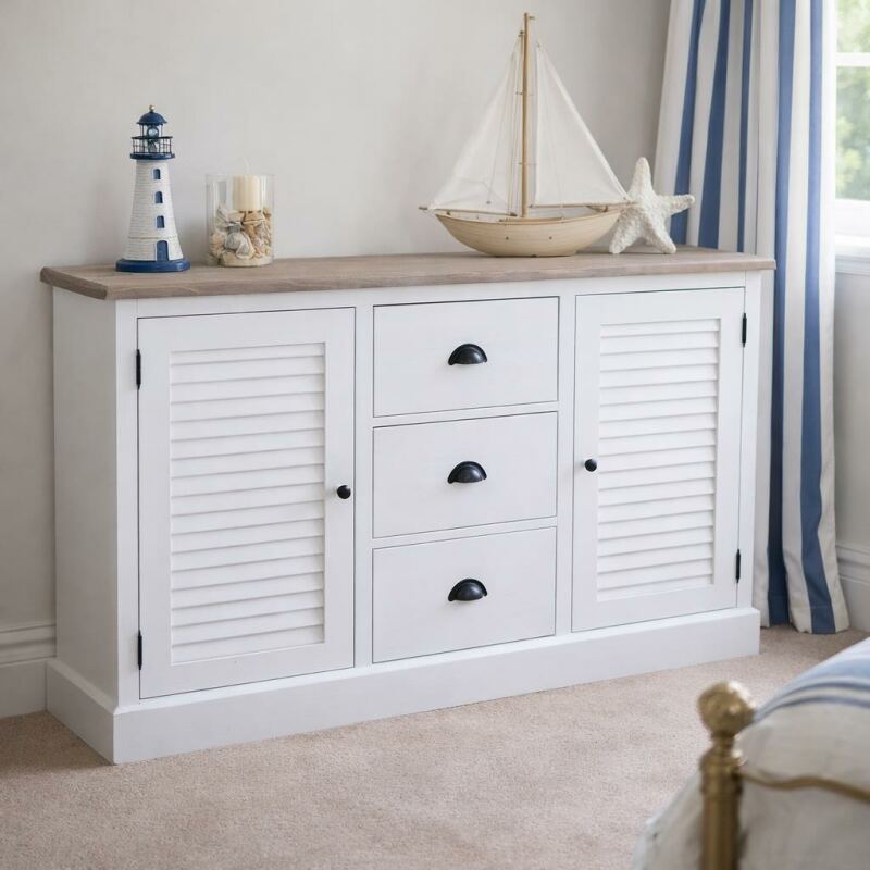 Sideboard mit Lamellentüren weiß-hellgrau - Onlineshop für massive Landhausmöbel