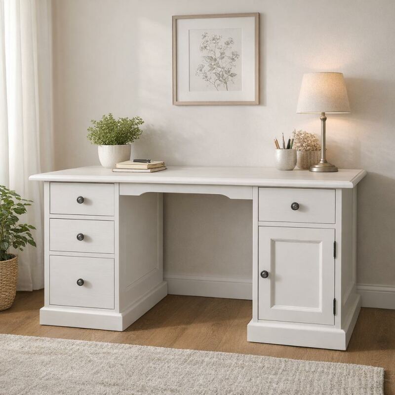 Massivholz Schreibtisch, Soft-Close, cremeweiß