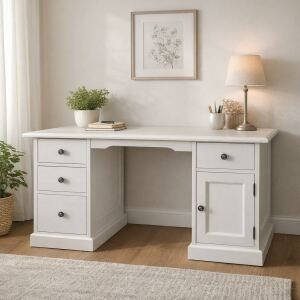 Massivholz Schreibtisch, Soft-Close, cremeweiß