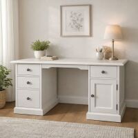 Massivholz Schreibtisch, Soft-Close, cremeweiß