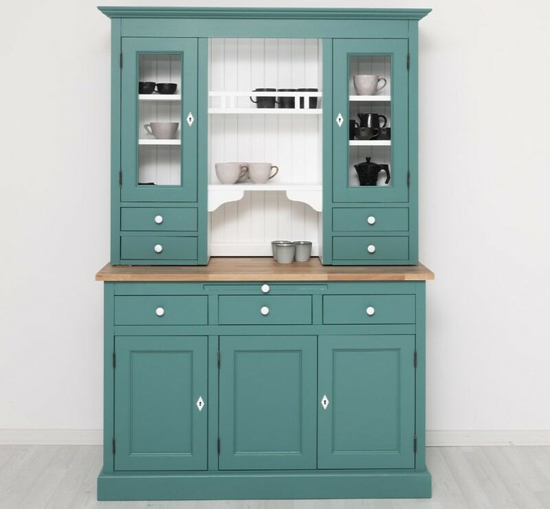 Landhausbuffetschrank mit Eiche-Platte in minttürkis und weiß