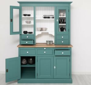 Landhausbuffetschrank mit Eiche-Platte in minttürkis und weiß