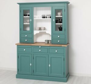 Landhausbuffetschrank mit Eiche-Platte in minttürkis und weiß